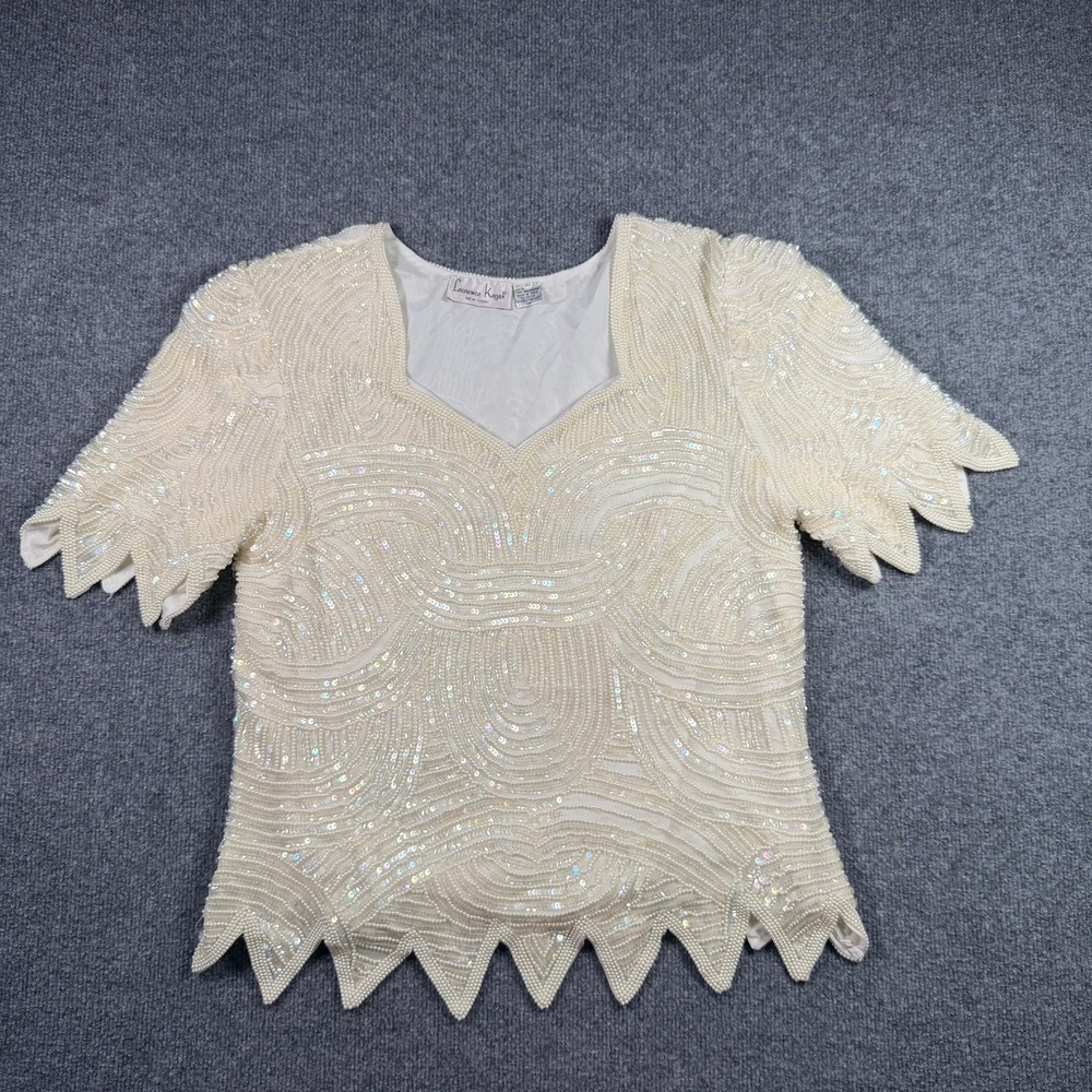 Laurence Kazar Beaded Blouse Womens 1X Ivory Silk Sequin Art Deco V-Neck Top